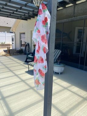 Diane Von Furstenberg White Sheer Scarf with Red and Green Floral Print